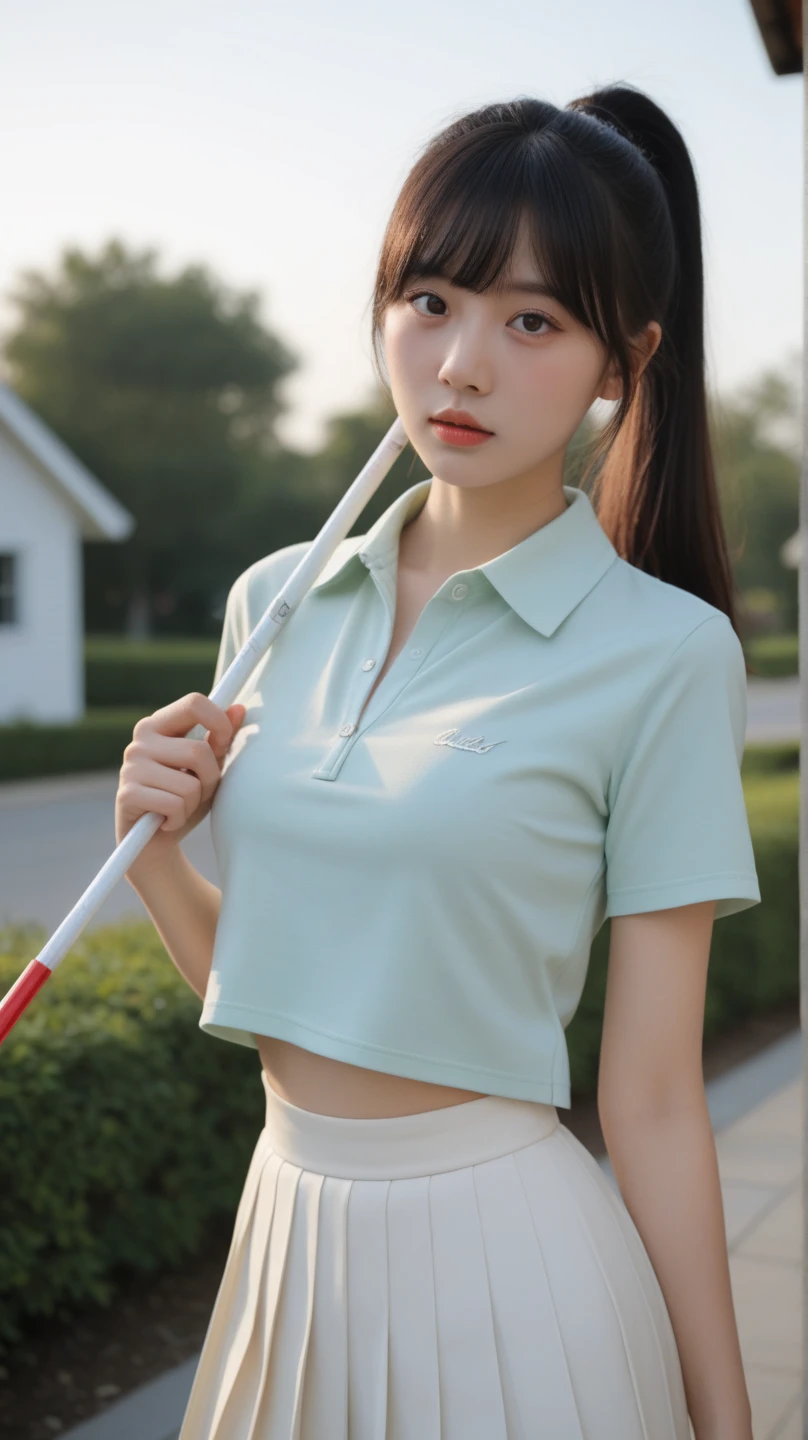 1girll, 独奏, White polo shirt, White sneakers, tennis wear, white mini-skirt, tmasterpiece, Best quality at best, realisticlying, ultra - detailed, (shiny skins, perspired:1.4), looking at viewert, with short black hair, with brown eye,slenderness,Dynamic light and shadow,A high resolution,Sharp focus,depth of fields,The eyes are delicate,Sharp pupils,pupil realistic,smallunderboob,(Thigh thick:1.0),exteriors,Skysky