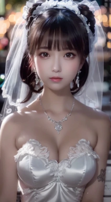 (highest quality, Tabletop:1.2), (Realistic:1.3), (Very Detailed Background, Detailed Background), Bokeh, ((Very large breasts bigger than a face:1.95)), ((Tense cleavage)),(Belleline Wedding Dresses:1.55),Bridal Tiara, show, Bridal Veil, Bridal Gauntlet, bridal cascade bouquet, whole body, Church wedding, The skirt is round and wide, One Girl, 30th Generation, cute,smile, Dynamic Angle、((Deep-set eyelids:1.35))、((Tarako lips:1.25))