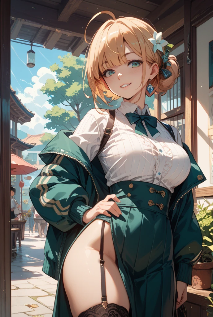 (masterpiece), Mature , sexy, After, Floral lace underwear, Natural light, realistic, camel toe, diffused light, Depth of bounds written, white skirt, vapor, (lift skirt),black underwear, (urination), lively , embarrassed expression, Public place