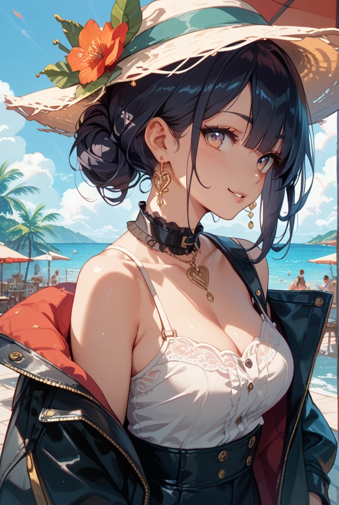 solo, female, tall, elegant, sunglasses, broad shoulders, pixie cut, black hair, pale skin, athletic, very tall, sober bikini, black clothes, small smile, luxurious beach, classy, professional, earpiece, muscular, cute pose, seams on skin, abs, shawl, white sun hat, side-tie bikini skirt, pareo, pinup pose, smooth skin, broad shoulders, large woman, large arms