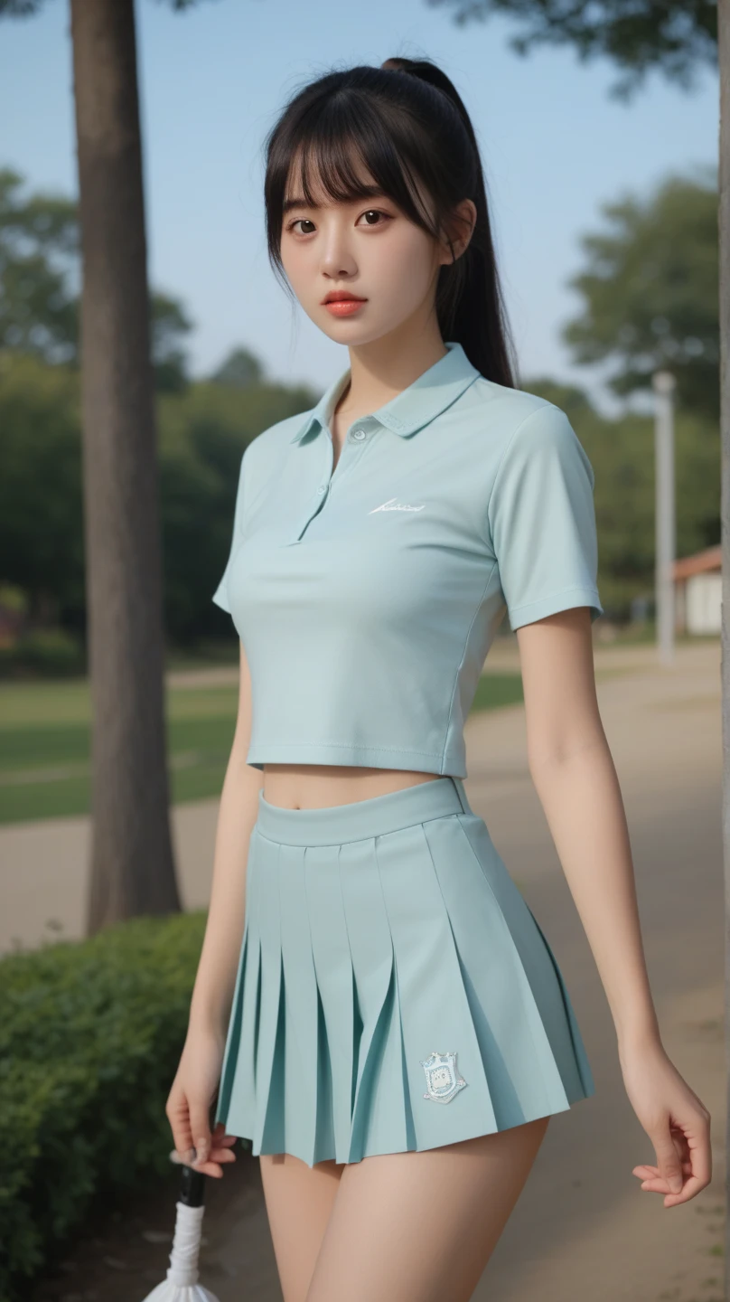 16 year old pre-teen, European, blonde, small breasts, big eyes, long legs, close-up of thighs, polo shirt, transparent leggings, heeled sandals, park background, tree, cherry blossom, hairy vagina, fairy wings on the coast, ray tracing, HDR