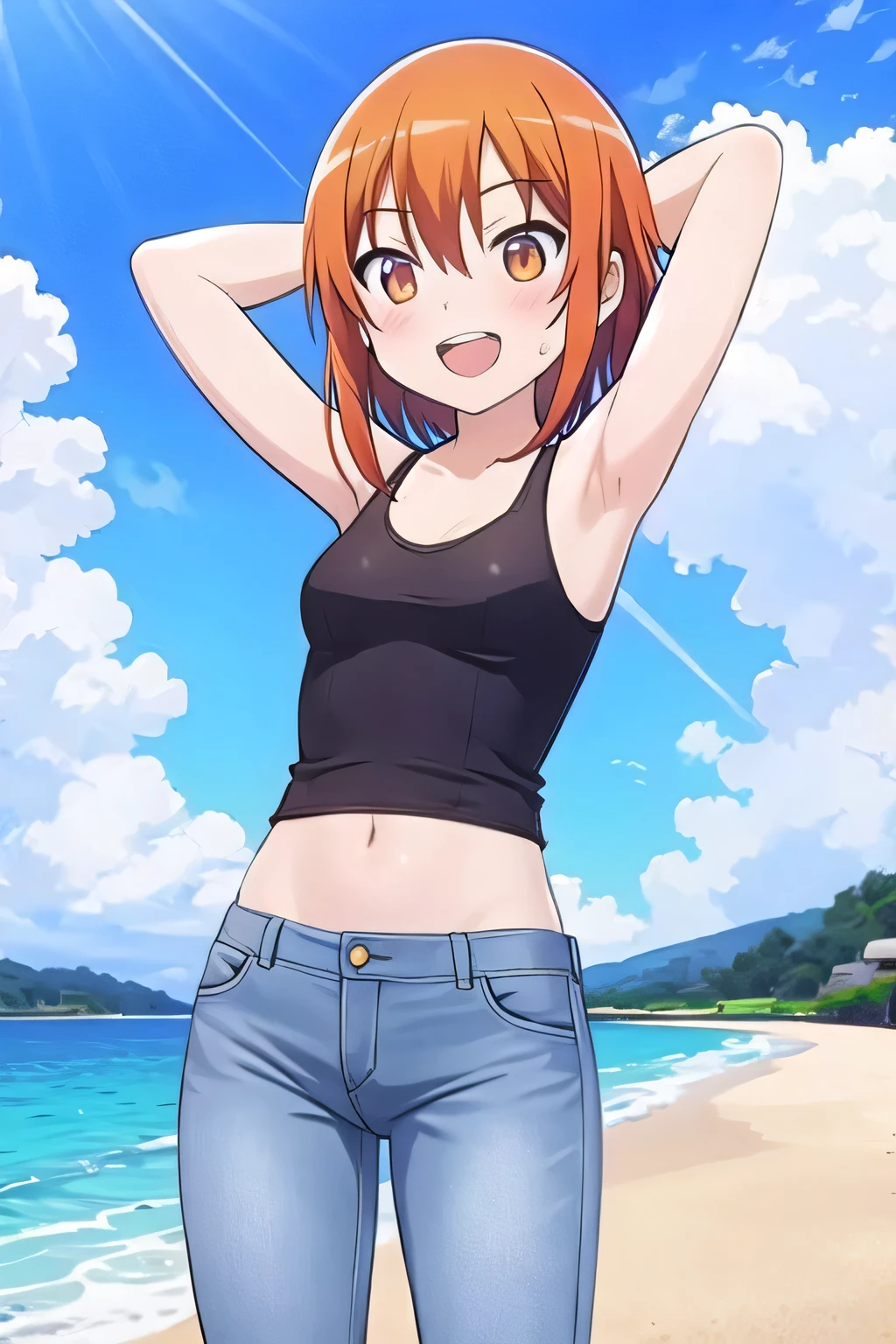 a view of an adult woman wearing a wearing denim shorts and a orange top, big breast, 1girl, solo, smile, orange hair, short hair, shirt, shorts, full body, crop top, looking at viewer, muscular arms, hands down, black over-the-knee socks, standing, legs and feet are also visible, brown eyes, beach, chubby