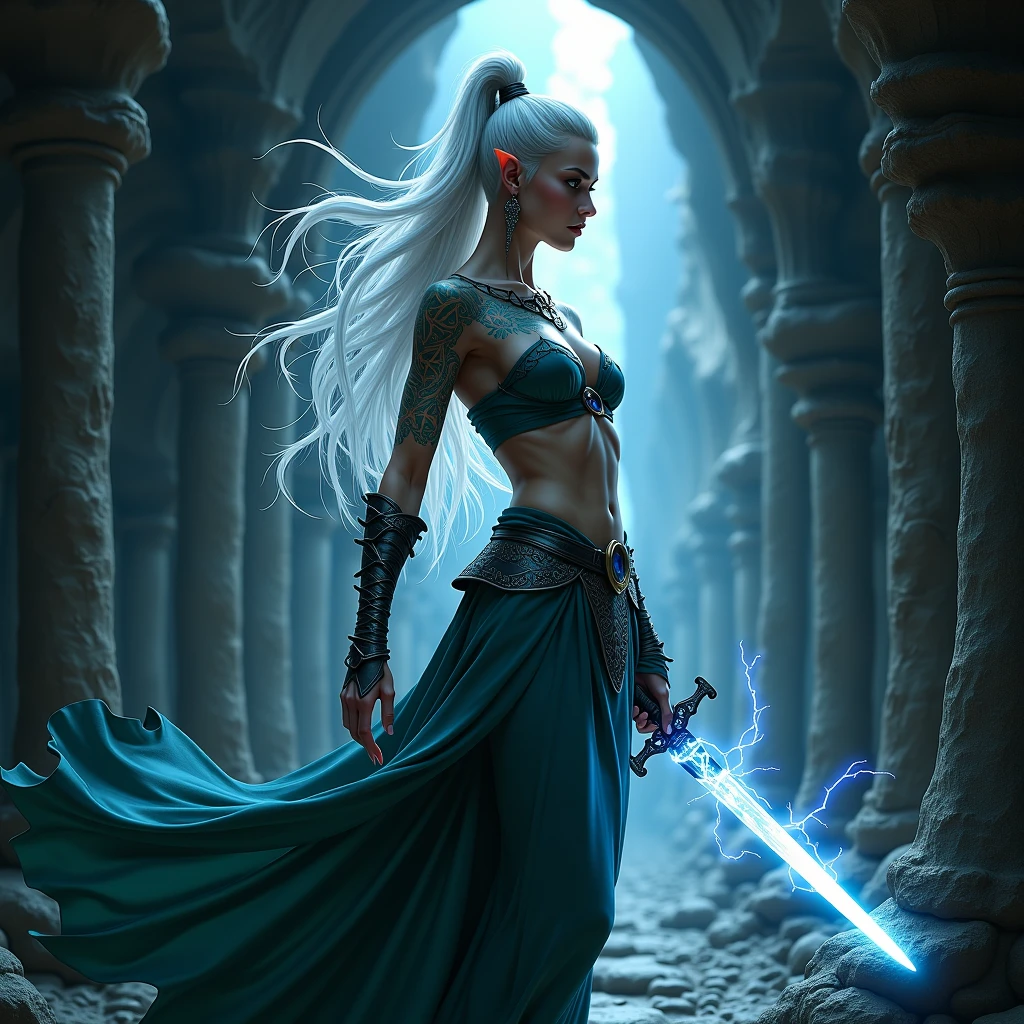 (((UHD))), (((masterpiece))), (((8k))), (((highres))), (((Surrealism))), (((cinematic lighting))), god rays, zoom layer, (((fullbody shot))), f/4.0, Canon, shiny skin,detailed skin,detailed face, detailed eyes, a woman in a white dress holding a sword in a cave, ice sorceress, digital fantasy art ), fantasy art style, beautiful fantasy art, ethereal fantasy, fantasy gorgeous lighting, epic fantasy art style hd, beautiful sword, fantasy art behance, she is holding a sword, fantasy sword, sword and wand – water, digital fantasy art, fantasy digital art