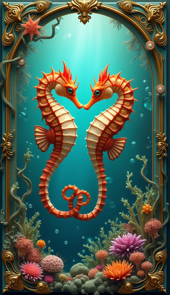 shells, sea stars, seahorses, Corals in turquoise blue tone, coral, rose gold and pearl