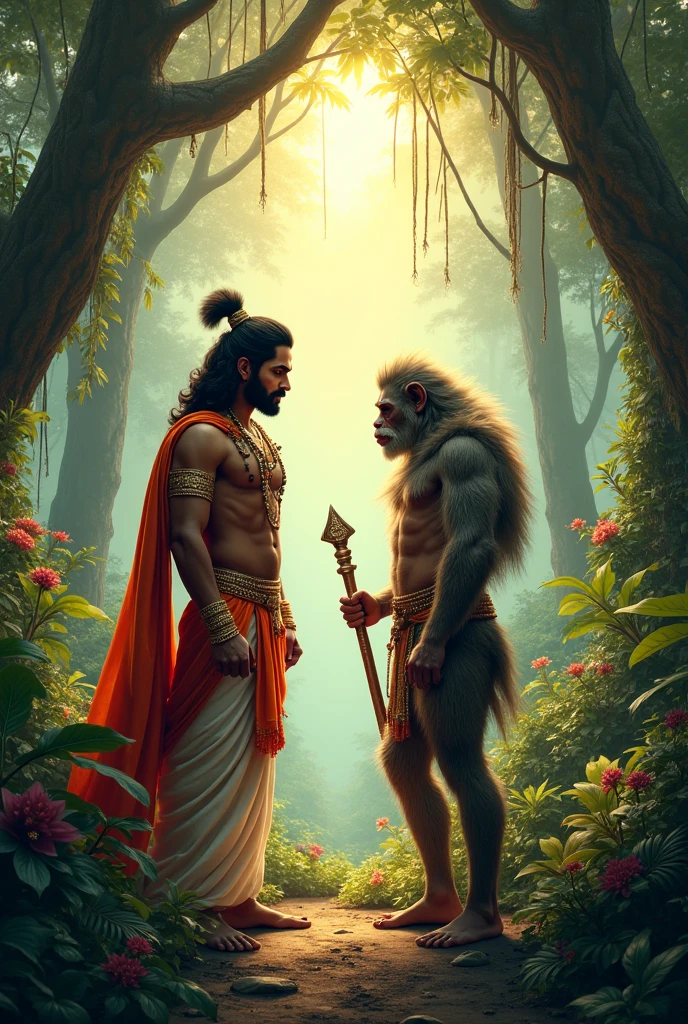 "Depict a forest scene where Lord Rama and his brother Lakshmana are meeting Sugriva, the monkey king. Rama and Lakshmana are in traditional attire, with Rama holding a bow. Sugriva, looking relieved and hopeful, is shown as a monkey with a crown. The background includes dense trees and a tranquil forest setting. Sugriva's expression should convey gratitude, while Rama and Lakshmana appear determined and supportive. Include elements like the forest, a small clearing, and the contrasting expressions of friendship and resolve."