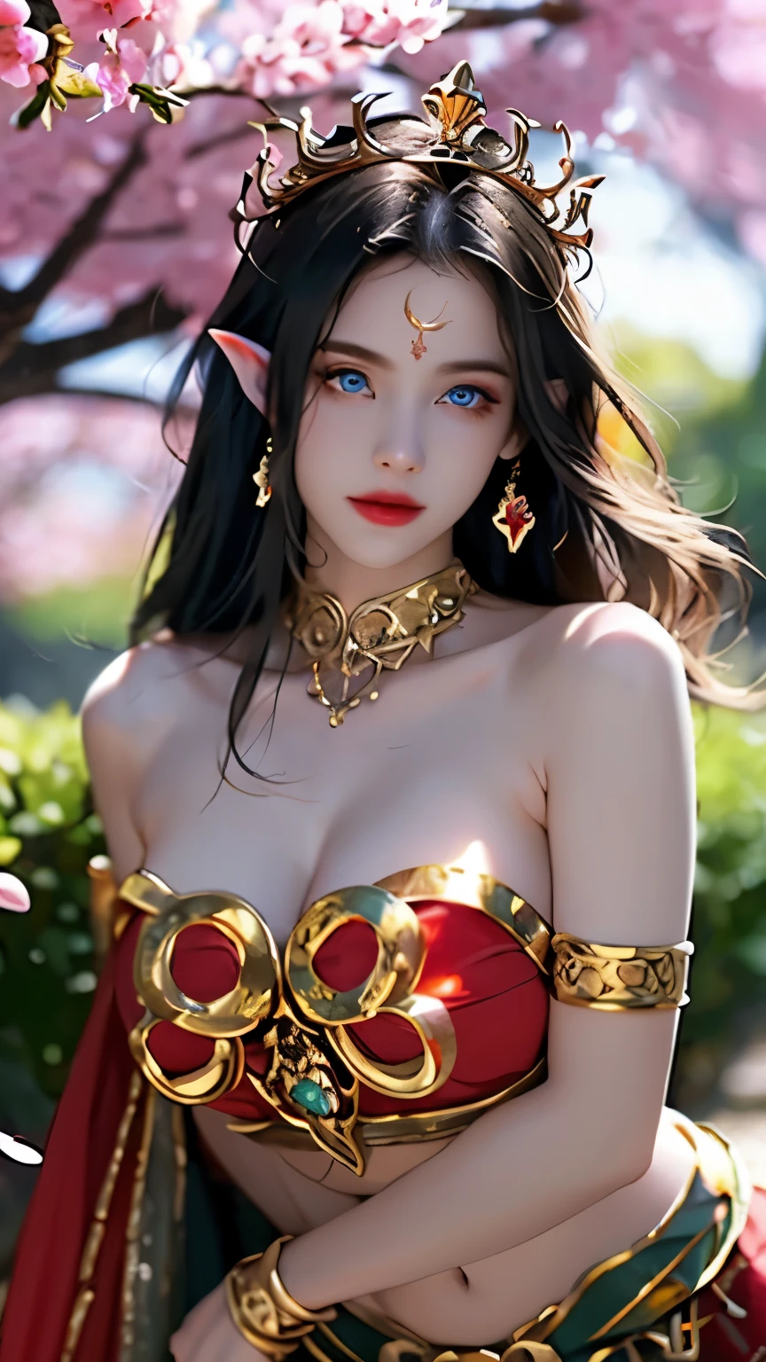 Ultra-detailed complex 3D rendering of face, (Colossal: 8.8), (masterpiece, top quality, octane rendering, 8K), glamour shot full body image, very beautiful young elf, cleavage, (very detailed skin: 1.2), (exposure: 1.1), brown-haired, ((wearing a plummeted open shirt of white silk: 1.10)), beautiful Caucasian woman with black skin with full soft breasts with big buttocks, Single, long braided hair, big breasts, dynamic angle, mystical expression, ultra-realistic photo, (((portrait)))), bare feet, futuristic urban background, facial muscles, detailed and beautiful queen gold crown, in the style of Marvel Comics, ArtStation trends, clear focus, studio photography, intricate details, very detailed, detailed red eyes, very detailed, Sharp Focus, Digital Rendering, Professional, Abs, Dark Grey Background,