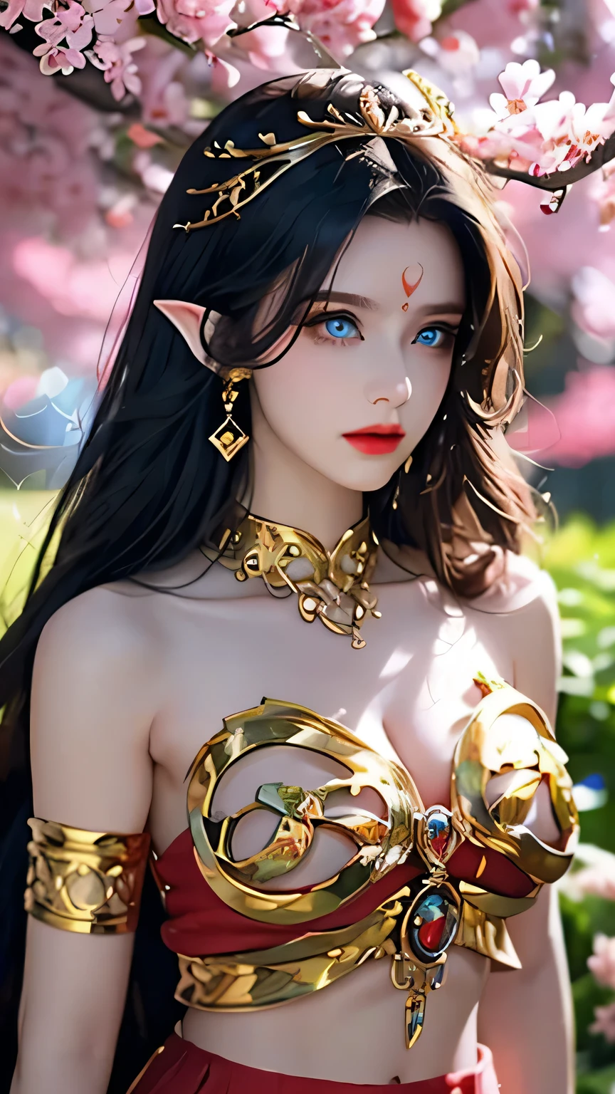 One 20 year old girl, (breast :1.1), navel,upper body,bare shoulders,wears red tube top,red skirt, blue gems,shiny skin,hand in own hair,(mature female),milf, beautiful cai lin, deep blue eyes, jet black long hair, face symmetry, eye symmetry,8k resolution, high quality. background: around the garden surrounded by Sakura trees with fluttering sakura petals,
Image from head to thighs, hourglass figure, bare round shoulders, exposed midriff, a tilak on her forehead,ornamental logo on her forehead, snake crown, necklace, earings with blue gem, long black hair bangs, pointy ears,golden bracelets,Bright lightening under the sun through sakura canopy. High quality 16k resolution,( HDR :1.3), cinematic look, ultra-detailed,ultra lightening, natural lightening,(photorealistic :1.4), long thin straight eyelashes, dense black eyelashes,sharp eyes, diamond shaped head, straight nose, closed heart shaped lips, front view pose looking at viewer, sexy, (intricate details: 1.1), (masterpiece: 1.3)