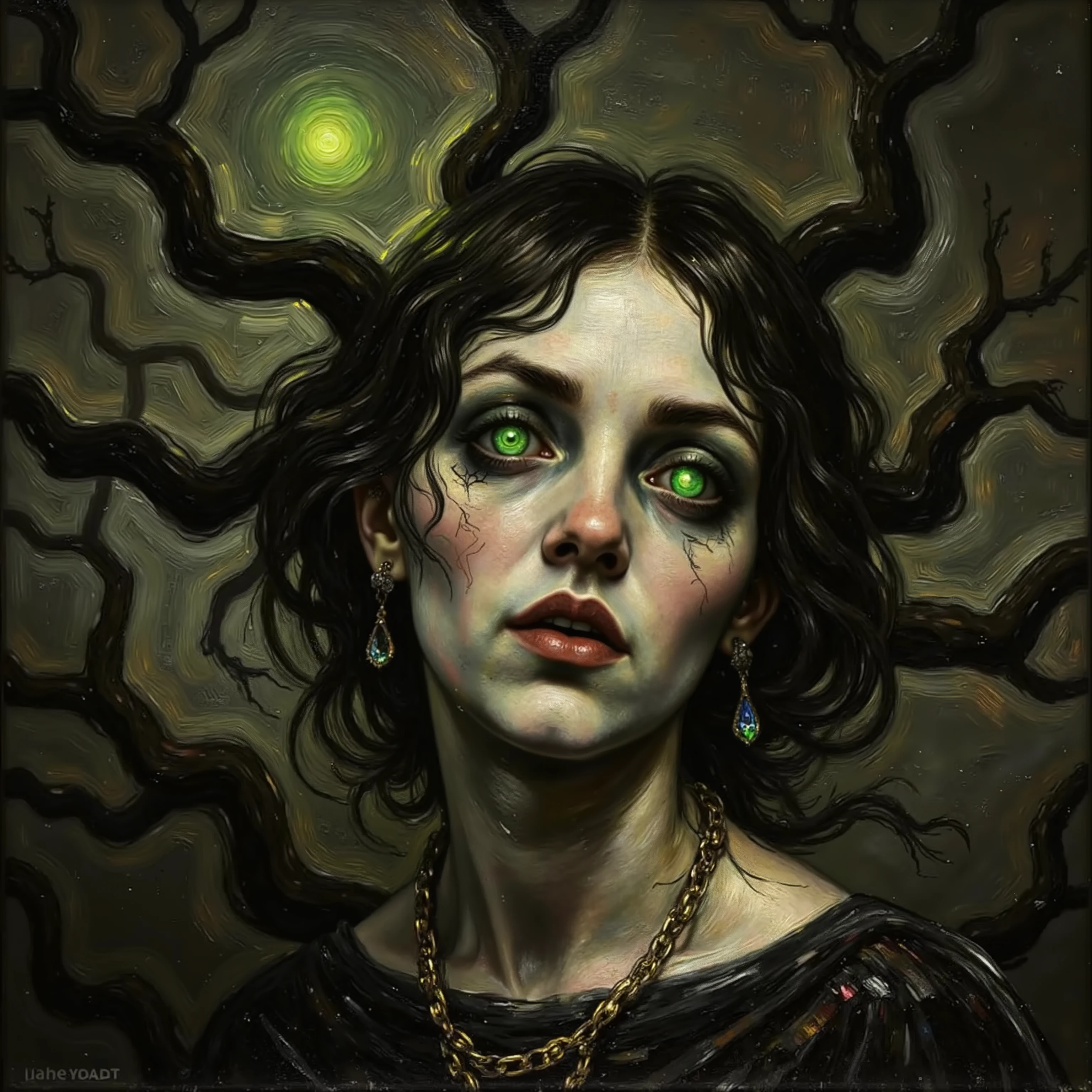 horror,scary,iridescent,spooky,breathtaking,beautiful,hyper-realistic digital painting,4k,8k,high resolution,masterpiece,ultra-detailed,realistica tera hyper-realistic,ultra-detailed 4k digital painting of a terrifying,spooky and iridescent horror scene, breathtakingly beautiful woman's face with the same deep green sparkling eyes, and masterfully executed,realistic with a dark,moody atmosphere,ominous lighting,twisted,gnarled trees,swirling mist,glowing,ethereal elements,haunting,unsettling mood,macabre,melancholic, cinematic portrait, hyperrealism, Looking at viewer, Macro Photo, Glowing Light, God Rays, Conceptual art.
