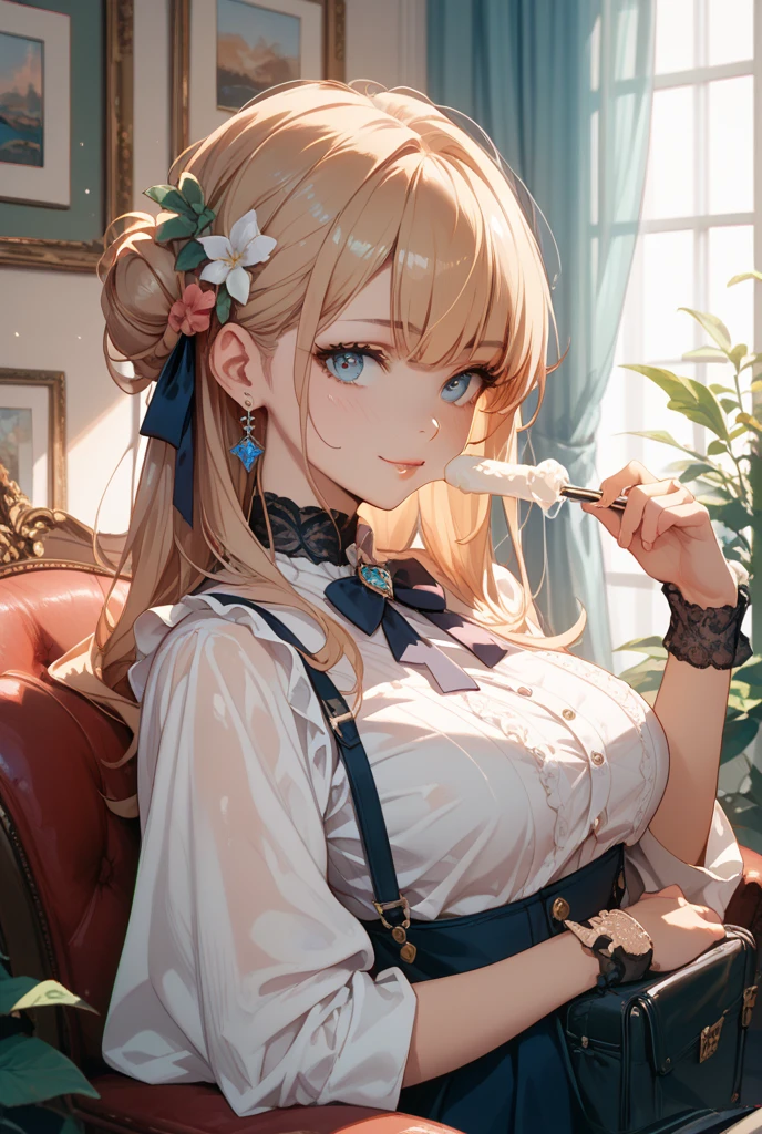 a close up portrait of a wet, happy, blonde hair, Woman, surgical mask, cleavage, Saltbox in the background, sweater vest, by j scott campbell, artgerm, loish