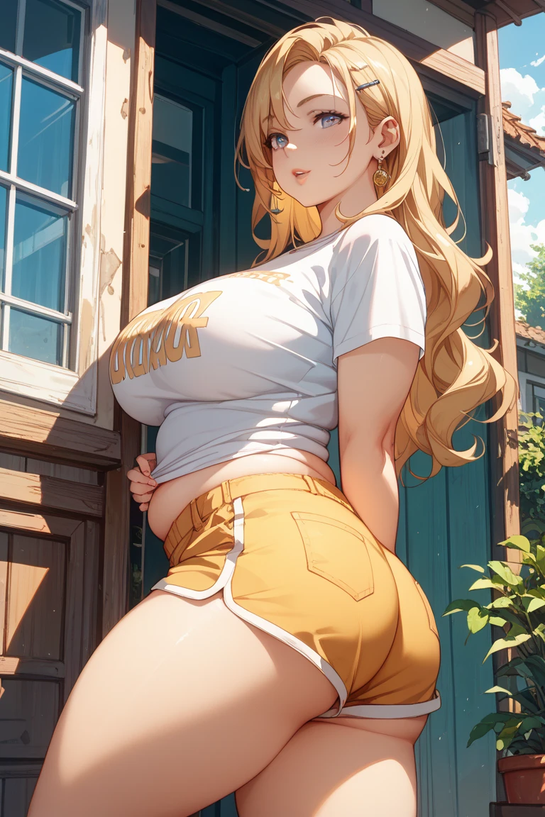 (huge breasts:1.3) (masterpiece) (high quality) (best quality) (1girl), (solo), (slim waist:1.3), (looking at viewer), Inugami Korone, vtuber, slight smile, full body portrait, dog ears, by maenchu, jean shorts, yellow tank top, detailed eyes, back view