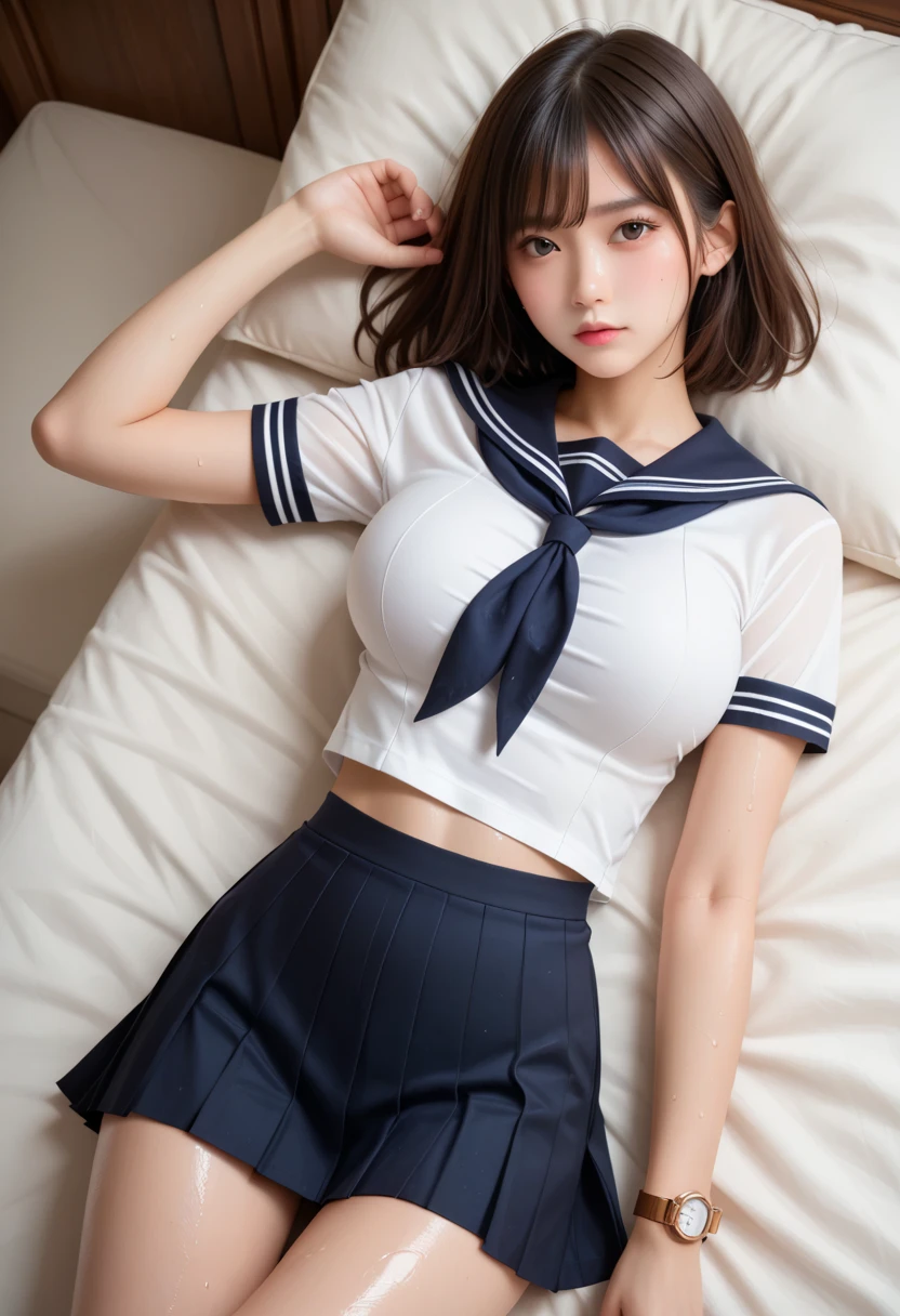 (Best Quality,8K,High resolution:1.2),(cute Japanese girls,one girls,Japan gravure idols),Teenage,(Huge breasts:1.1),bob cuts,Blunt bangs,thin waist,Oily skin,Body oil covered,(See-through,sailor uniform,serafuku,High leg cuts:1.15),(on the vinyl air mattress,on the soapland mattress,night time,in the motel),inner thigh,cleavage,Facing,panty shot,terrified,wet
