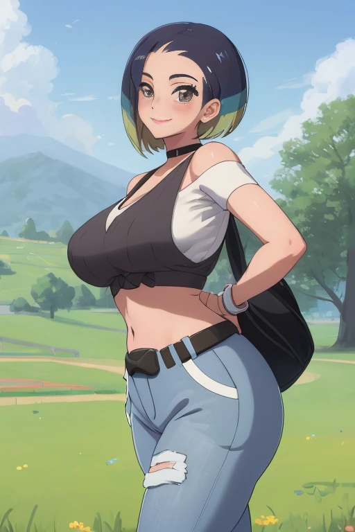 ((1girl)), perfect face, adult woman, realistic photo, beautiful face, perfect face, masterpiece, ((perrin pokemon)), blue eyes, blue hair, bob cut, multicoloured hair, (background: blue sky), (cowboy shot), slim waist, cleavage, low shorts, croptop, large breasts, multiple tops
