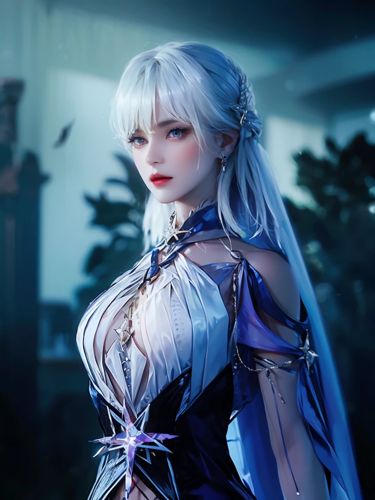 best quality, masterpiece, high_res, 1girl, hair ornament, necklace, jewelry, Beautiful face, tyndall effect, photo realistic, rim lighting, two tone lighting, (high detailed skin:1.2), 8k uhd, dslr, soft lighting, high quality, volumetric lighting, candid, Photograph, high resolution, 4k, 8k, Bokeh, medium breasts, absurdres, white hair color, view of the body from head to knees, blue eyes color, black color dress,