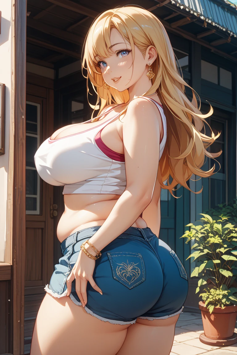 shallowdepthoffield,Long wavy,curled,Long waves,coiffed blonde hair,((Very long hair)),((Face with perfect details)),((Detailed eyes)),((gigantic breasts)m vests do not wear underwear,Expose your chest,exposing your navel:1.5),(Super shortt:1.5),sitting on the stThe scenery behind you has mountains and waters,Wide crotch,The photo contains the upper body and thighs,ellegance,womanly,carismatic,Red Jewel,Blush Eyeshadow,Pure desire,((Legs crossed)),ic angles and poses,Dutch angle