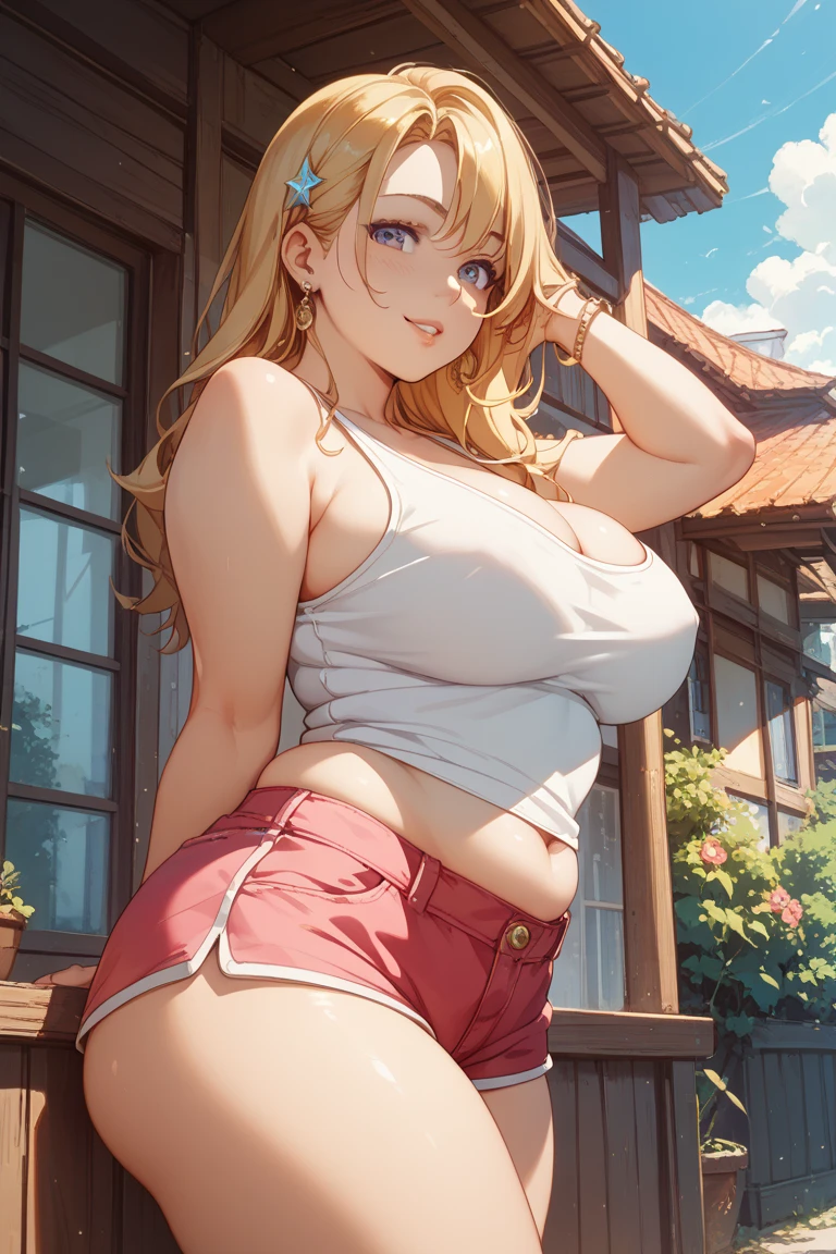 Mordred, Fate Apocrypha, cheeky smile, Blonde hair, short hair, red headband, pony tail, green eyes, tall, massive breast, huge massive ass, thick thighs, wide hips, short denim shorts, tight casual white top,