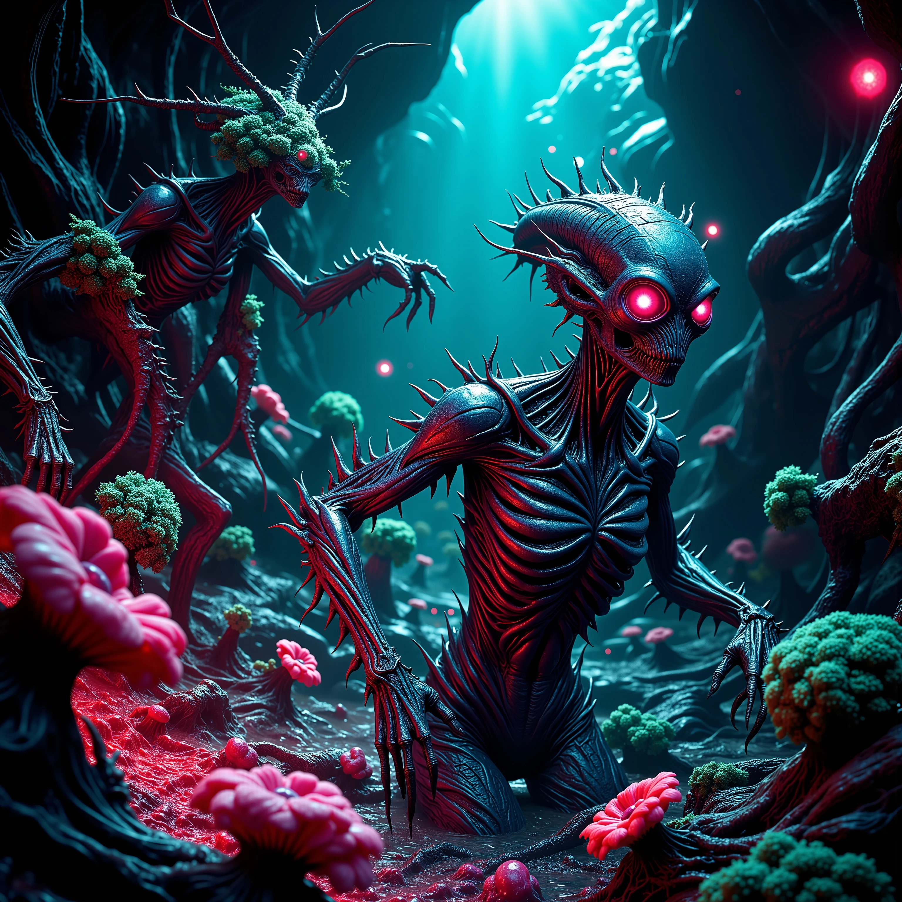Different Alien lifeforms are floating through a highly advanced and technologically sophisticated pool of different chemicals that life is striving in. In a hyper-futuristic aesthetic, set against a backdrop of unusual chemistry and life thrives like never before,Unsettling, super and over satutated cyberpunk landscape, evoking accelerated growth and feeding on each other bring asense of awe, wonder, and unease towards the unknown and the supernatural. The different forms of life leave the viewer startled and unnerved with the wide range of possibilities from the demonic carnivorous to the plant/animal hybrid monsters, dramatic cinematic lighting and portrait photography. Neon colors and red blood clouds around feeding monsters. Super saturated colors. Incorporate Neon Pink and neon green into the image. photorealistic, cinematic photography, cinematic portrait, cinematic characters, realism, ultra detailed, Ultra realistic, UHD, best quality, Conceptual Art, Digital Art, Hyperrealism, Hyperdetailed, Pixel Assets, Pixel Art, Surrealism, Luminism, Artistic, full focus, Overexposure, Optical Illusion, Glowing Light, Reflection Light, God Rays, Sparkle, Close-Up, Afterimage, 3D Isometric, Isometric View, High Quality, Award Winning, Masterpiece