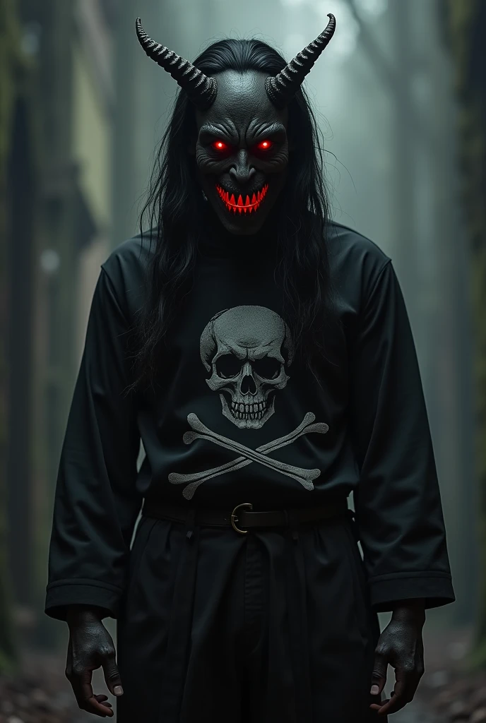 Scary -- Mixture of man and demon -- humanoid -- Thin body, strong and very tall -- Long hair, smooth ass, black and messy -- Smiling madly, disproportionately wide smile, sharp teeth with blood dripping -- dark gray skin -- wide eyes, completely red, bright -- Blood running from the eyes -- Long arms, long sharp nails -- Black colored wizard robe, Short sleeves -- Black background with red light coming from behind it, blood splattered, Red smoke
((4k image quality, HDR, face detailed, detailed clothing, detailed scenery))