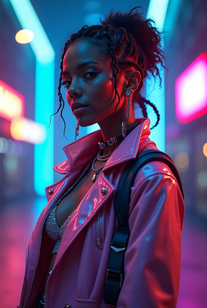 a woman with bright blue hair and a pink jacket, Pink and blue mohawk hairstyle, ultraviolet and neon colors, portrait color glamour, cyberpunk style color, cyberpunk vibrant colors, pink and blue neon, black leather bikini top with large breasts, black torn ripped jean shorts exposing her curves, thick thighs, fishnet sleeves and stockings, camo army boots, bibrant neon glowing tattoos full body portrait, vibrant fan art, neon cyberpunk vibrant colors, neon cyberpunk colors, cores synthwave!!, pop and vibrant colors, dark neon punk, Estilo Synthwave, 8K Vibrant Neon ColorsTechnological Advancements,brain computer interface,hoverboard,exoskeleton armor,dark and sandy streets,Fully immersive virtual reality,Scathing commentary on society,Shimmering cybernetic tattoos,Futuristic cyberspace,glitchy digital effects,AI virtual assistant,Hacker's Lair,multicolored LED lights,Nighttime precipitation,Explosive action scenes,Hidden Underground Rebel Base,Android companions。