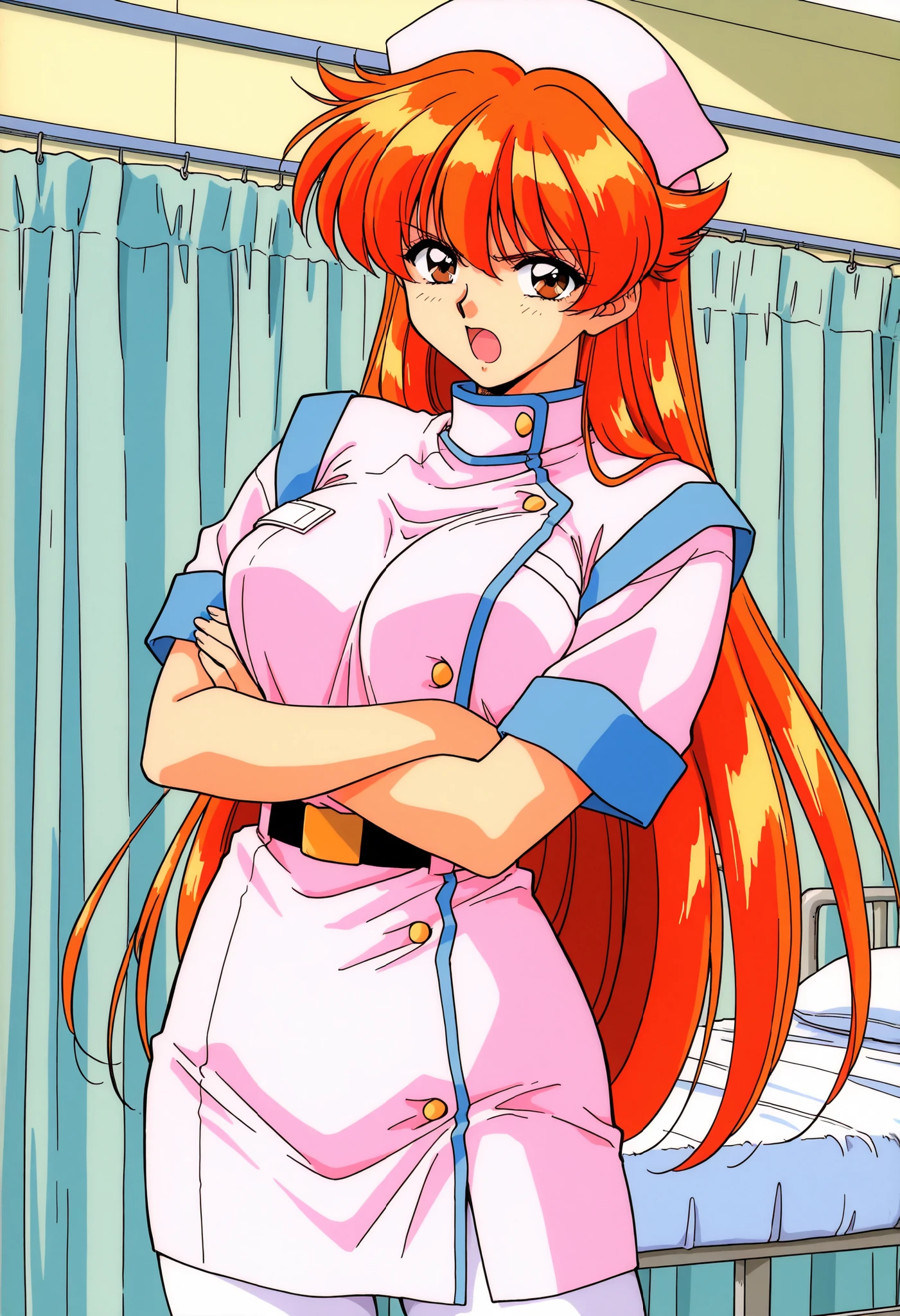 Score_9, score_8_up, score_7_up, source_anime, Nogiwa_Miho_OVA, solo, long hair, orange hair, bangs, brown eyes, large breasts, 1990s (style), (best quality), (high quality), {masterpiece}, extremely delicate and beautiful, ultra-detailed, beautiful detailed eyes, nurse, nurse cap, white pantyhose, belt, short sleeves, hospital room, angry, open mouth, crossed arms, standing
