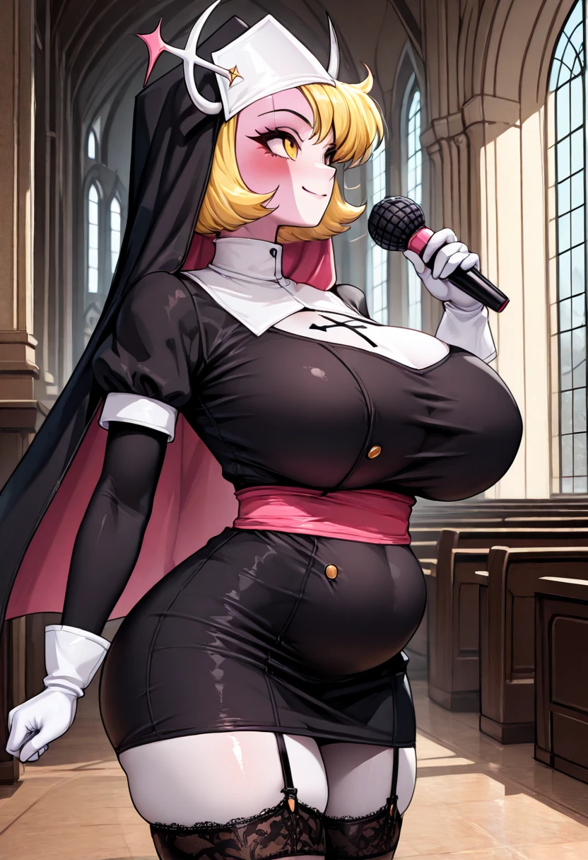 One girl, Blonde, Red eyes, Large Breasts, Wide Hips, Nun costume, A shy smile, Mature Woman, Church Background, Textured skin, Ultra-high resolution, Ultra-high resolution, Ultra-high resolution, Ultra-high resolution, Awards, Attention to detail, Incredible high key lighting and shadows, masterpiece, Great illustrations、Knee-high socks、garter belt、Long gloves、Sexy、Enchanting、Sweat、Estrus、vapor