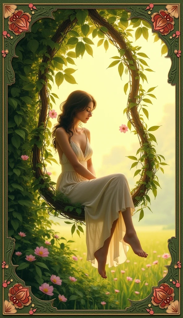 Create a person sitting on a tree in a garden full of tropical flowers