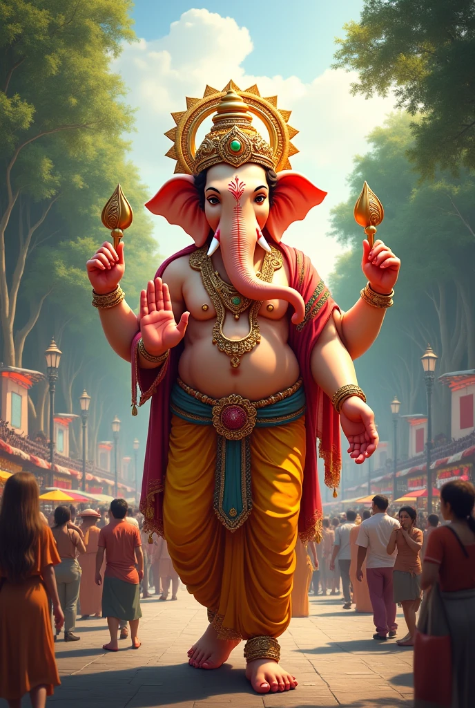 Imagine Ganesh ji the revered Hindu deity strolling down a bustling road he holds a colorful umbrella in his hand which contrasts with his traditiona