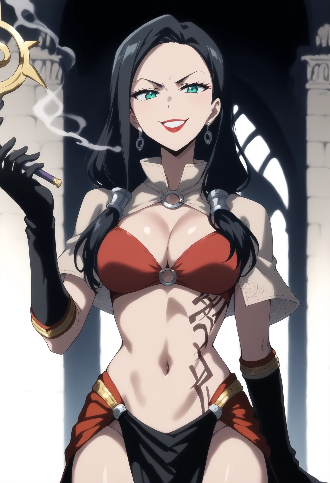 score_9,score_8_up,score_7_up,score_6_up, source_anime, 1girl, long hair, black hair, teal eyes, necklace, , solo, medium large breast, , ear piercing, long hair, , lipstick,Hot girl, baddie, smoking, sensual, attractive ,masterpiece, best quality, highly detailed, mageRo, black pelvic curtain, midriff, black elbow gloves, navel, o-ring bikini, capelet, red bikini, boots tattoo, public tattoo,, cleavage,, (nsfw) not safe for work, holding a staff, hold a staff, exposed belly, exposed navel, exposed midriff, castle,inside castle, ,dragon tattoo on waist, narrowed eyes, tattoo on waist,, , shiny skin, medium large breast, smile