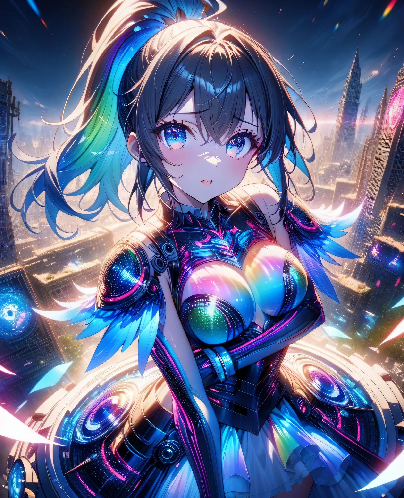 magic circle,wizard,magician、cyberpunked:Futuristic cityscape on night background with bright lights and bright moonlight、(masutepiece:1.3), (8K, Photorealistic, Raw photo, Best Quality: 1.4), Beautiful face, (Realistic face), Beautiful detailed eyes, (Realistic skin), Attractive, Intricate details,Golden ratio, 1 girl,Naughty smile, (rainbow hair:1.4),((Long twintails,Ribbon 1.4)),(Blue Butterfly Hair Ornament 1.3),Dynamic Pose,Dynamic Angle,Intricate details, Hyper realistic、only face、A smile、Smiling、Face enhancement、Luz Divina、Deities、Heaven、rainbows
