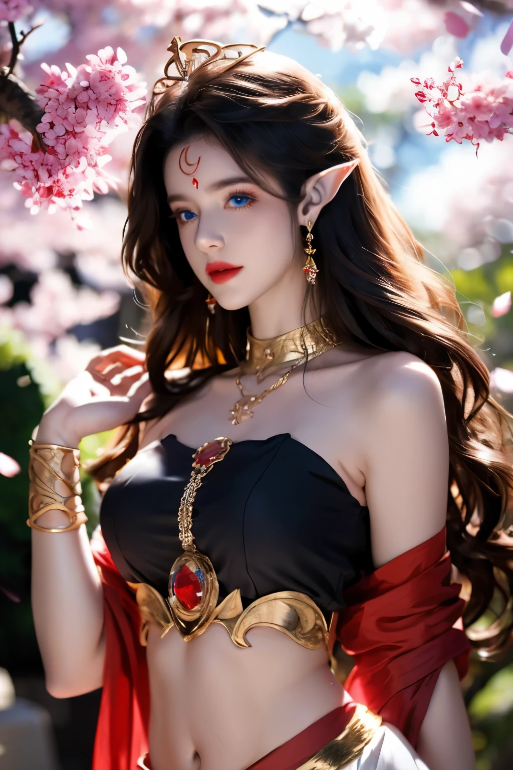 One 20 year old girl, breast 1.1, navel,upper body,bare shoulders,wears tube top,red skirt, blue gems,shiny skin,hand in own hair,(mature female),milf, medusa, deep blue eyes, jet black long hair, 8k resolution high quality,background: around the garden surrounded by Sakura trees with fluttering sakura petals, from head to thighs, hourglass figure, bare round shoulders, exposed midriff, a tilak on her forehead,ornamental logo on her forehead, snake crown, necklace, earings with blue gem, long black hair bangs, pointy ears,golden bracelet,Bright lightening under the sun through sakura canopy. High quality 16k resolution,( HDR :1.5), cinematic look, ultra-detailed,ultra lightening, (photorealistic :1.2), long thin straight eyelashes, dense black eyelashes,sharp eyes, diamond shaped head, straight nose, closed heart shaped lips