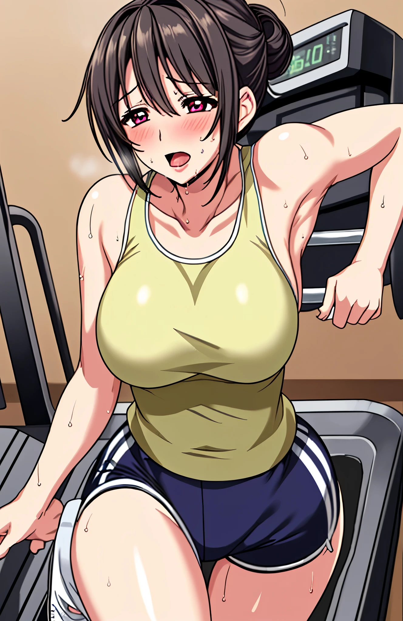 mature single woman、45 age 、Hair tied up、black hair、Dark Eyes、My whole body is sweaty、 clothes are wet 、A long tongue comes out of the mouth、white tank top、shorts with belly puffs、training wear、running on a treadmill、white breath、My legs, body, and face are sweaty、bras are transparent、 sports gym background、solo, high resolution,