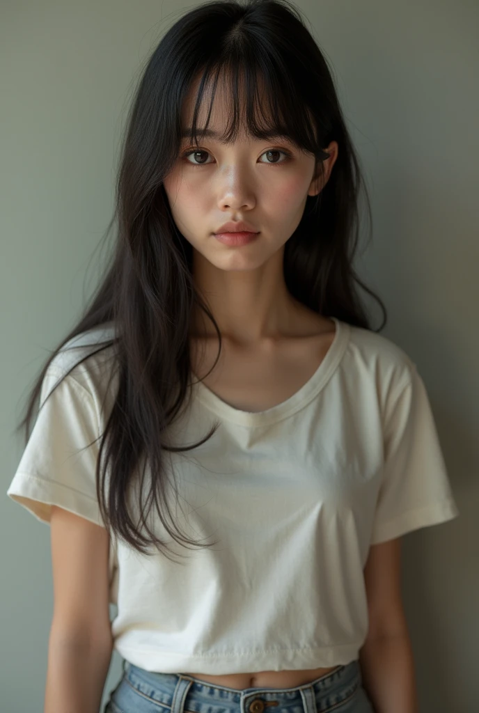 lens: 135mm f1.8,(Highest quality), (Beautiful old Japanese girl), (Moisturized lips), Narrow eyes, double eyelid,Delicate clavicle,Flat Chest,Very short hair,
(Let me me me me'Let me me me'Let me me'Let me'Let's take another look), shame, A faint smile,
(In front of a white wall:1.2), Professional Lighting,
(Japanese 、Sheer white T-shirt), (Sunburned skin:0.2),Full body photo、Full Body Focus、Sit upright in a chair、Beautiful legs