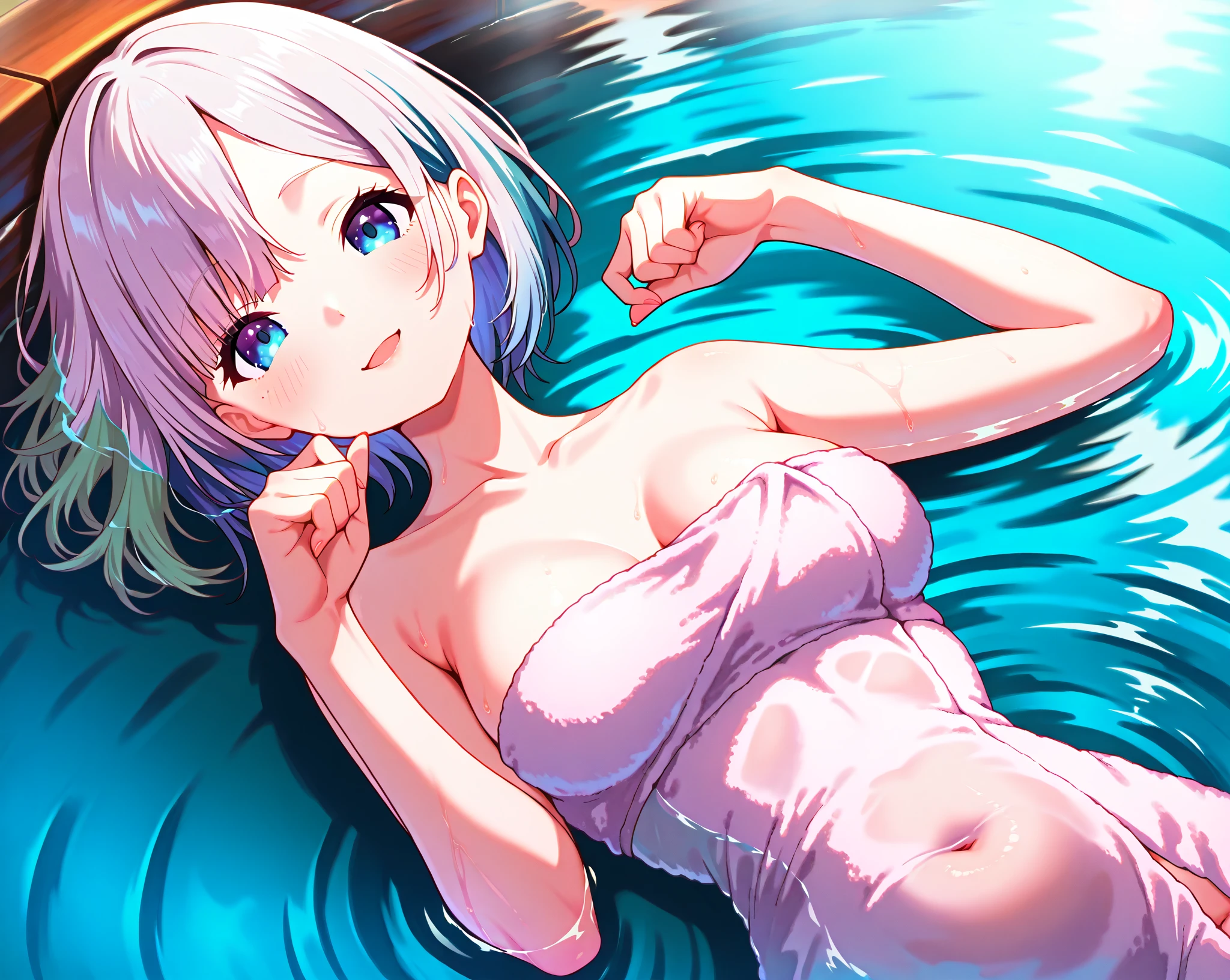 beautiful, masterpiece, highest quality, anime, One girl, C Cup,Portrait Shot, View your viewers, Intricate details,>,((Covered、Short Hair、nearby、Blue Eyes、art、、White hair,Blue streaked hair、wallpaper、ribbon、White knee socks、Beautiful breasts、Pool、Thighs、Standing posture、Pussy、Nipples、smile、Leg spread
