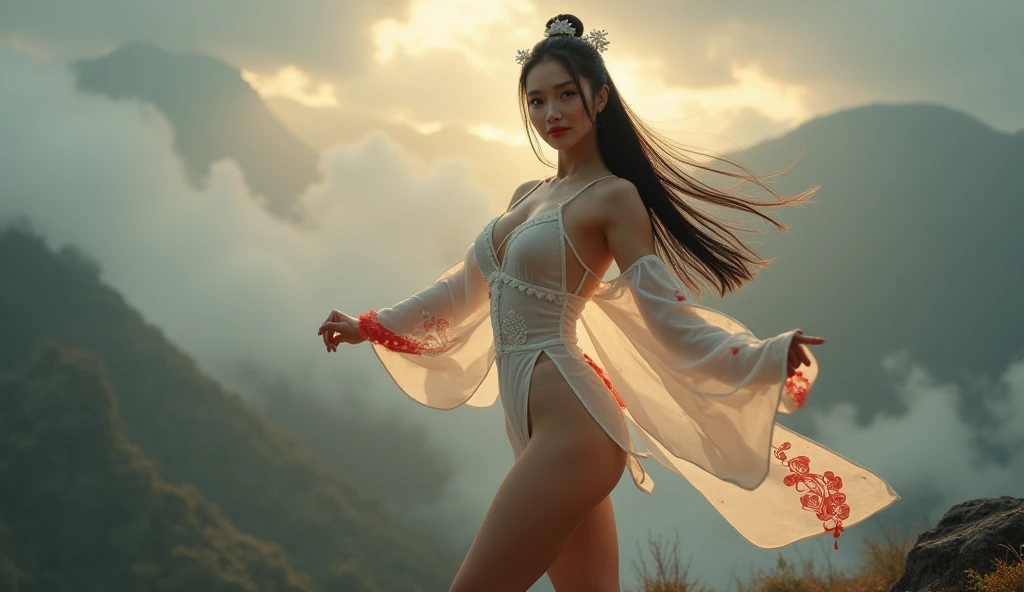 (Realistic:1.5),(RAW photo:1.4), (Photorealistic:1.3),(Masterpiece), Best quality, Highest quality, Extremely detailed Cg Unity 8K wallpaper, Detailed and intricate, Original,A high resolution, [:(Detailed face:1.2):0.2],filmgrain, Fujifilm XT3, (highdetailskin:0.9), 8K,(Ulzzang-6500:0.9), Balcony, Rock show!!, Light smile, cleavage, Detailed gradient background, full bodyesbian, Sunlight,Slim body,Beautiful dress,Beautiful hand shape, full bodyesbian