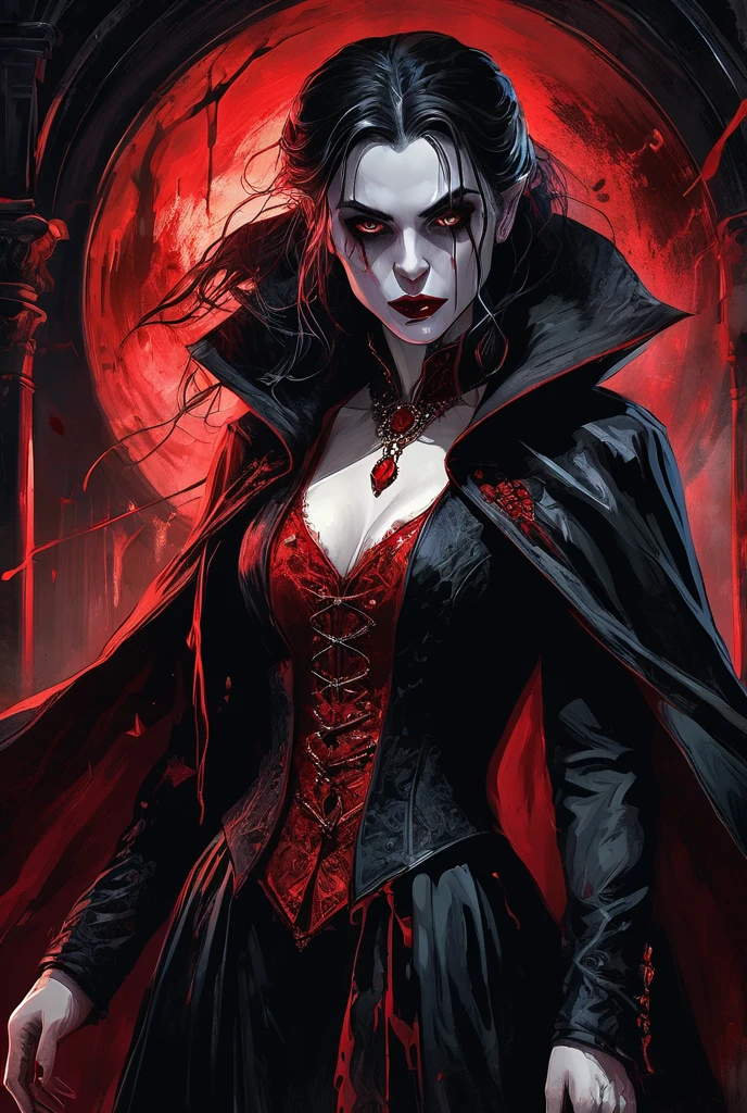 action shot, arafed, dark fantasy art, gothic art, (masterpiece:1.5), full body best details, highly detailed, best quality, highres, NeroV2, full body portrait of a vampire, elf (Masterpiece, best quality, ultra feminine: 1.5)  with a long curvy hair, dark color hair, red eyes (fantasy art, Masterpiece, best quality: 1.3), ((beautiful delicate face)), Ultra Detailed Face (intricate details, fantasy art, Masterpiece, best quality: 1.5), [visible vampiric fangs] (intricate details, fantasy art, Masterpiece, best quality: 1.5), [anatomically correct] red cloak, flowing cloak (intense details, fantasy art, Masterpiece, best quality: 1.3), wearing an intricate leather [white] dress (intricate details, gothic art, Masterpiece, best quality: 1.5), high heeled boots, blood dripping on lips, urban background (intense details, beat details), fantasy, at night light, natural ,moon light, soft moon light, moon rays, clouds, gothic atmosphere, gothic street background, bats flying in background, soft light, dynamic light, [[anatomically correct]], high details, best quality, 16k, [ultra detailed], masterpiece, best quality, (extremely detailed), dynamic angle, ultra wide shot, RAW, photorealistic