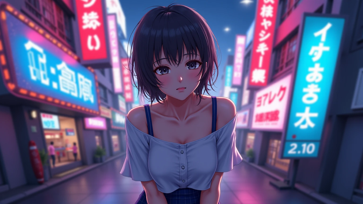 Anime adult woman 22 years old blue eyes, short dark brown hair, pale white skin, red dress