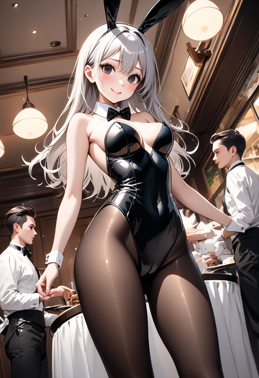 One girl, (Luna), Blonde, Folded ponytail, Side Lock, Yellow Eyes, smile, medium breasts, (black playboy bunny), (black fake rabbit ears), (black pantyhose), (black high-heels), squatting, spread legs, from below, cowboy shot, indoor, cafe,