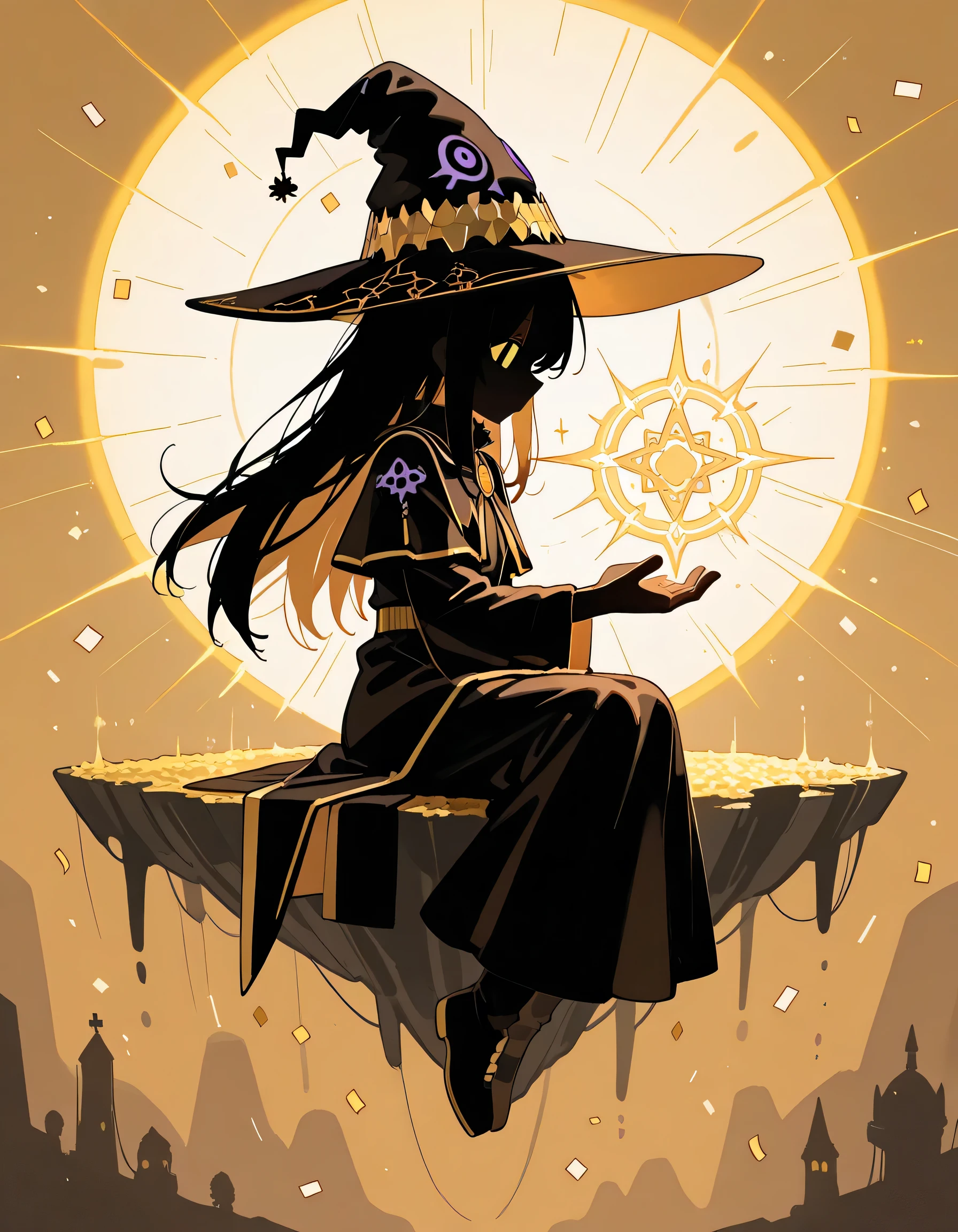 (sideview+),solo,(i am a main character),((dark silhouette witch)),witch hat,long hair,sitting on a floating island+,(golden dawn+),mysterious emotion,flying crows,soft lineart,flat golden glorious contrast background,holy magic evolution,aurora revolution,kaleidoscope style,Black crows flying around, Blessing magic, Despair magic, Gold and silver confetti +, Magic aura