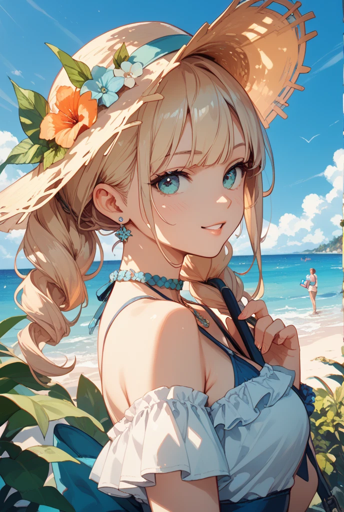 a beautiful girl wearing a straw hat, sitting at a table in a tropical paradise with palm trees, blue ocean and sky, highly detailed, 8k, best quality, photorealistic, anime style, cute, kawaii, detailed face, detailed eyes, detailed lips, shallow depth of field, masterpiece