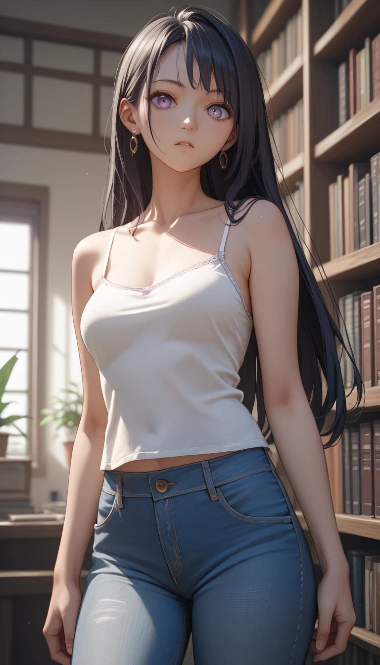 (1girl:1.7), (long hair con side bang), (black hair), (exotic skin), (photo of 25yo woman:1.5) (north american girl:1.0), (peruvian girl:1.5), (korean girl:0.5), ((blue jeans), (all-white t-shirt) (large breasts: 1.2), Fake smile, (in the library)