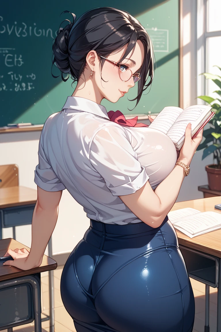 Shizune, 1girl, ((bimbo))), short black hair, glasses, puffy lips, painted lips, thick lips, wide hips, thick thighs, huge ass, bimbo face , enormous huge natural breasts, school teacher, teacher, bending over, hanging breasts, posing,