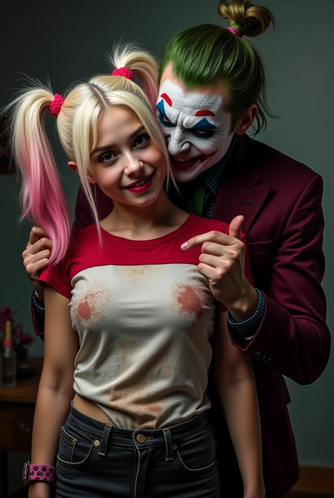 an image of a dynamic and intense comic book character, resembling Harley Quinn, Margot Robbie, Clown makeup, in a vivid and chaotic urban battlefield. The character has a pale face with exaggerated makeup: blue eyeshadow on one eye and red on the other, with matching blue and pink pigtails. She is dressed in a tight, shiny, red and blue jester costume with a white ruffled collar and pom-poms. She is wielding a giant candy cane like a weapon, holding it across her shoulders with a mischievous, wide-open grin. The background features a cityscape in disarray, with exploding cars, flying playing cards, and debris creating a sense of action and chaos. The image should be vibrant, with sharp contrasts and a surreal, high-energy feel. Hyper realistic photo, 16k, vibrant colors