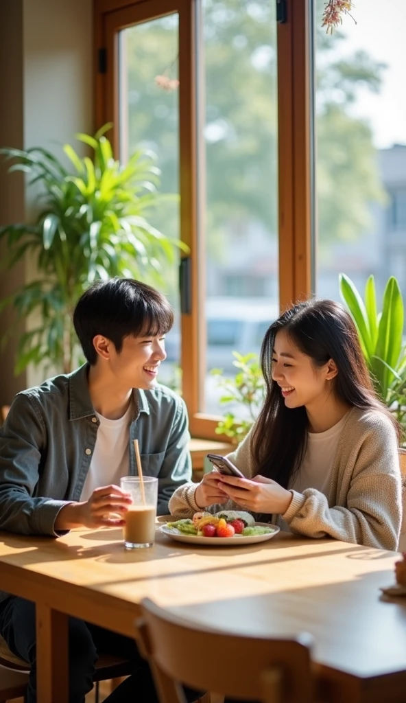 "A scene in a cozy cafe where a man and a woman are sitting across from each other at a small table. They are both making eye contact and smiling warmly at each other. The cafe has a warm atmosphere with soft lighting, wooden tables, and some plants in the background. The woman has a cup of coffee in front of her, and the man has a small plate with a pastry