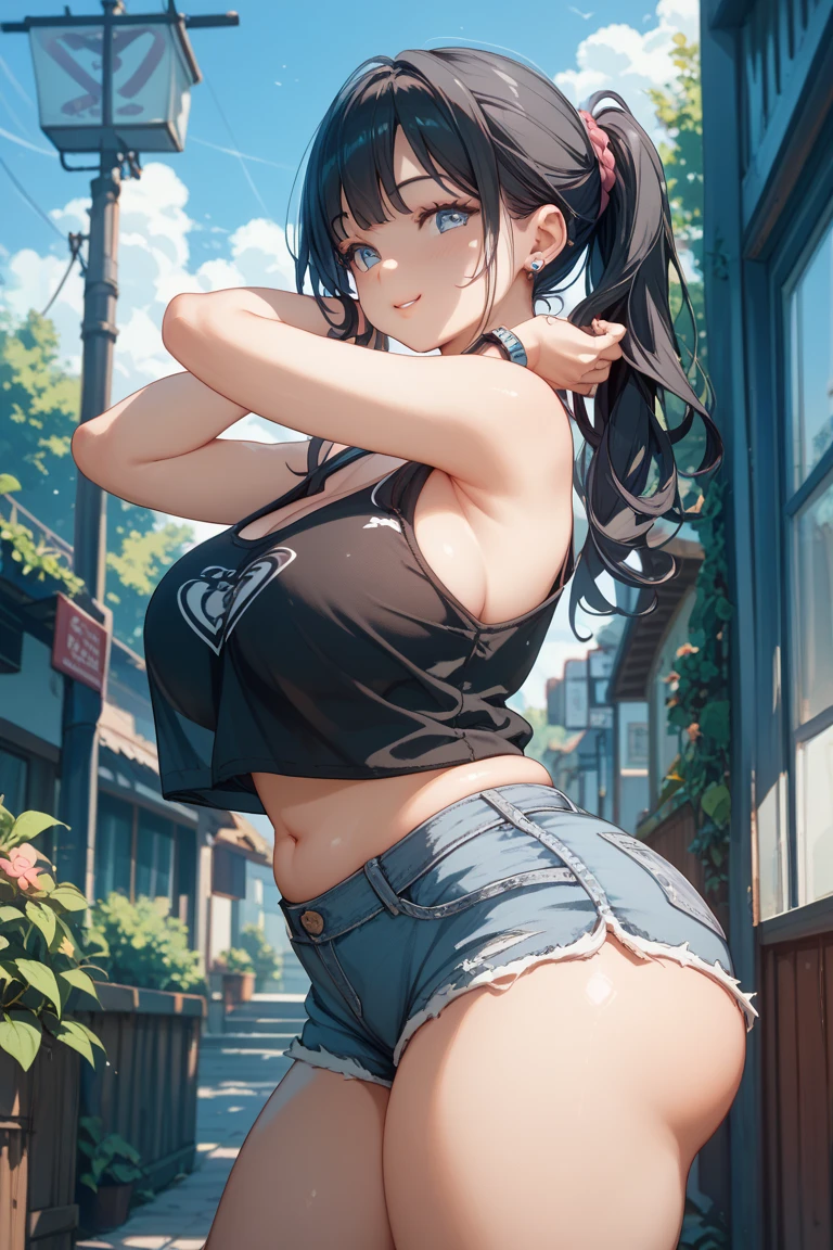 (8K、Highest quality、Highest quality、masterpiece)、Detailed face、One Girl、(Brown Skin:1.2)、Long Hair、Blue Eyes、Serious、(Red Tank Top、Denim hot shorts、Open Shorts、Unziped shorts、Mini Shorts、No Panties、NoPanties、Spread pussy)、labia view、Beach、cloud、vagina、Pussy Lip、Wedgie between Pussy Lips、Big Breasts