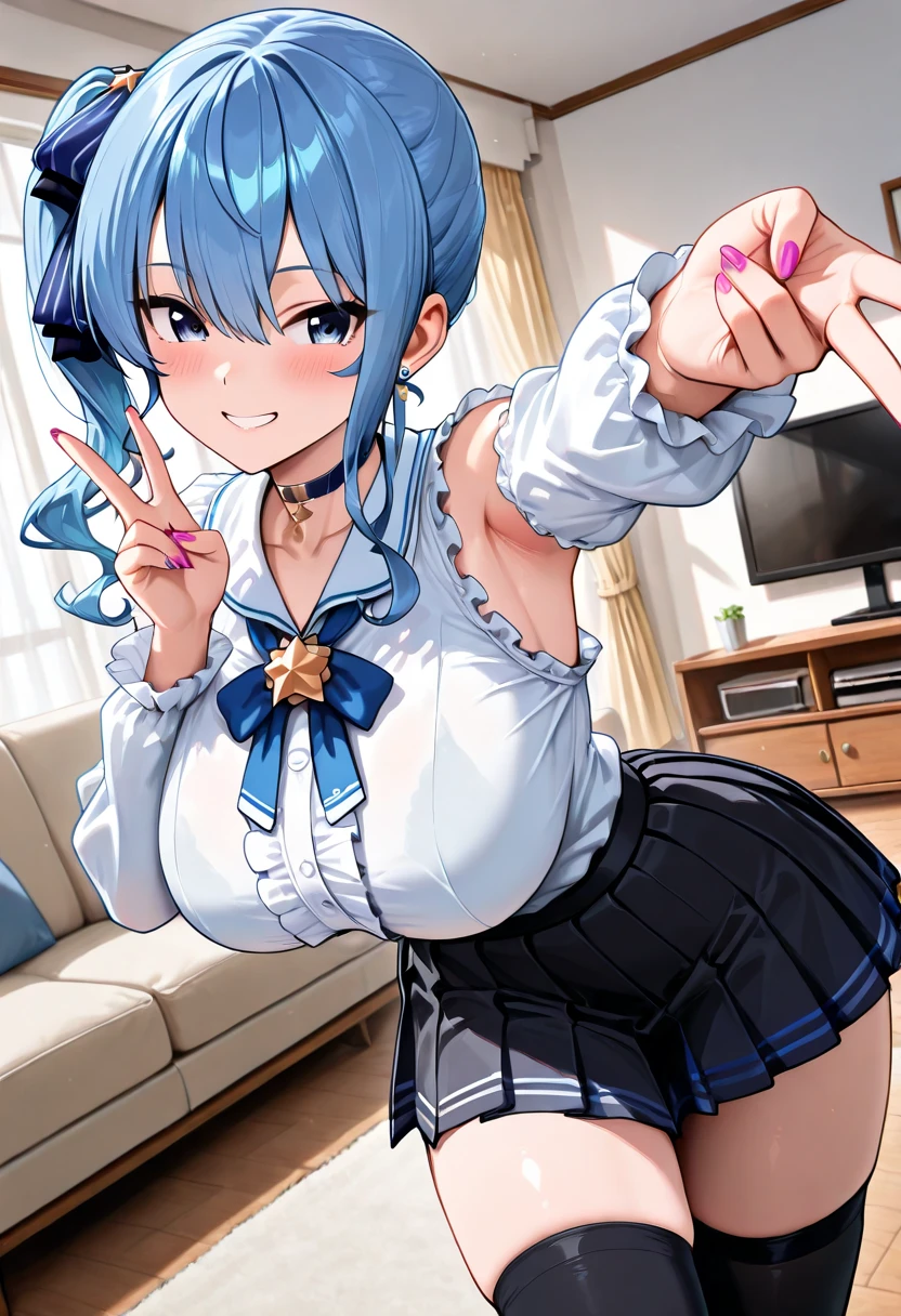1girl, solo, detailed face,SuiseiBase, plaid beret, crown, blue star choker, star earrings, blue ascot, plaid jacket, plaid skirt, layered skirt, partially fingerless gloves, star bracelet, uneven legwear, thigh strap,(nsfw,),looking viewer,smile,small bre