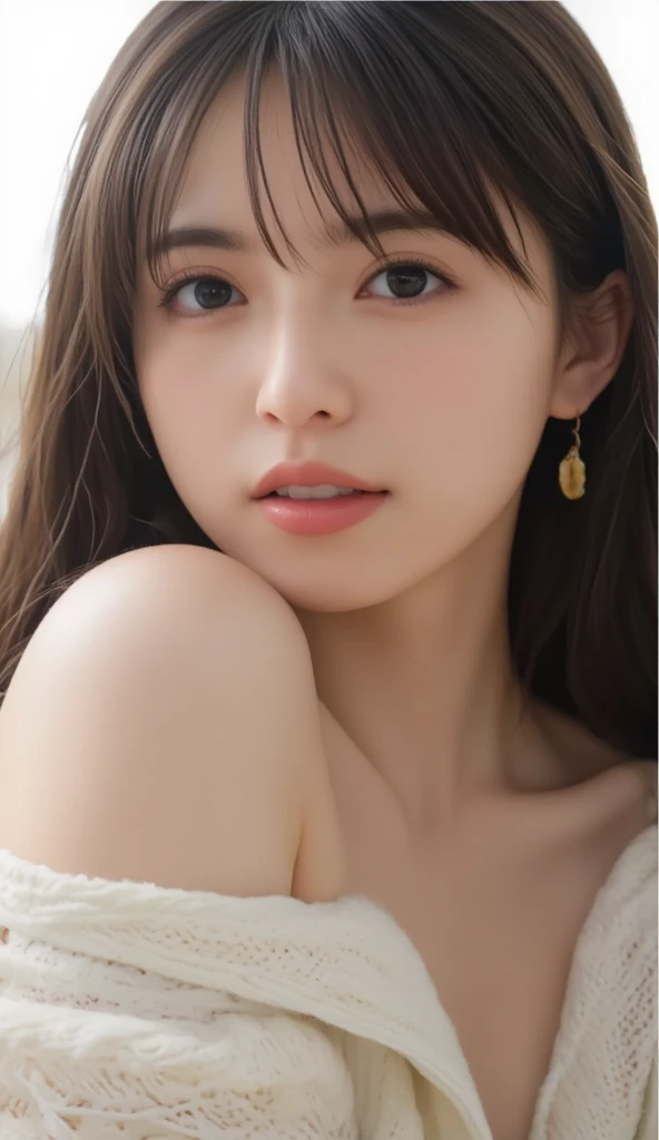close-up of beautiful korean female, 34 inch breasts size, wearing tank top, yellow scarf, sitting on sofa, holding coffee mug, bokeh background, UHD, Her nipples are very big