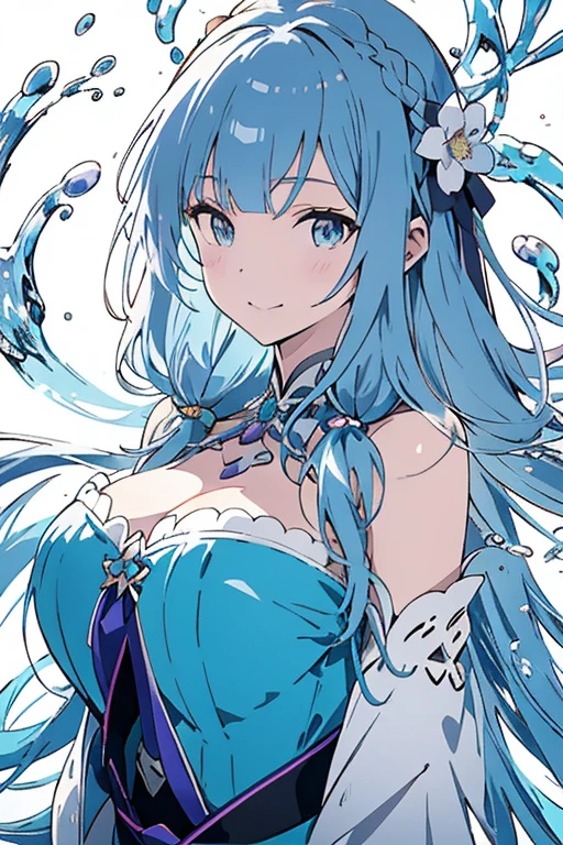 Adult woman, fair skin, very long hair, blue hair, blue eyes, white dress, white pants, water particles floating