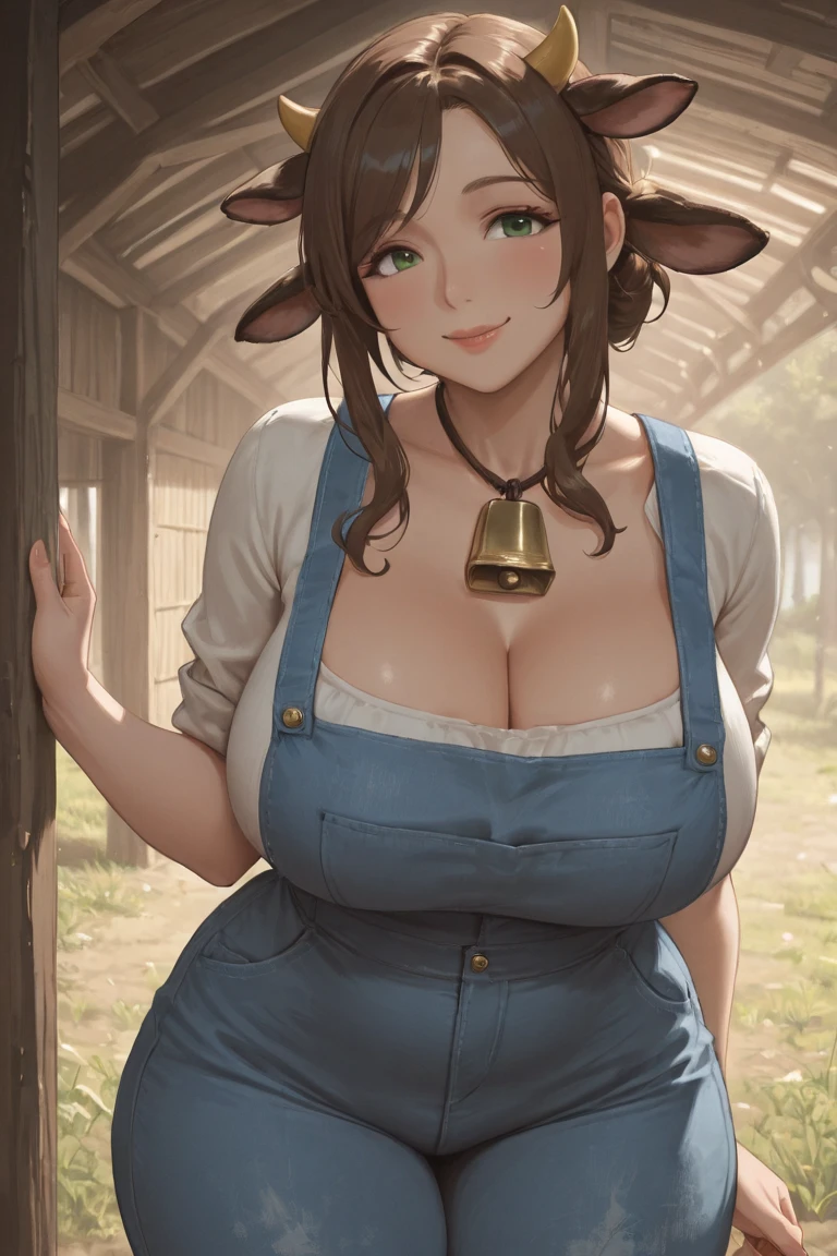 ((best quality)), ((masterpiece)), (detailed), 1girl, 2 small horns, wide eyes, pale skin, pink cowprint spots on skin, cow snout, cow nostrils, cowbell choker, tight tank top, huge breasts, short curly hair, cow ears, loving demeanor, motherly, wide puffy nipples hidden, visible flaccid horsecock and heavy balls, no pants, no underwear