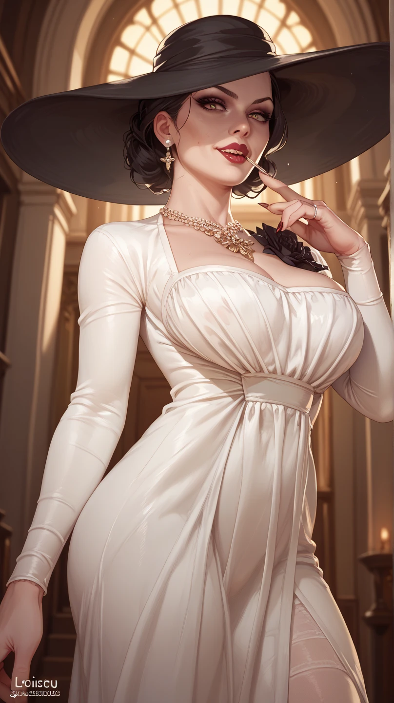 (masterpiece, best quality)
1girl, LadyDimitrescu, light skin, black hair, pale skin, breasts, thighhighs, hat, garter straps, solo, makeup, large breasts, lipstick, red lips, jewelry, gothic, flower, black lips, underwear, thighs, lace, black thighhighs, necklace, lace-trimmed legwear, cleavage, looking at viewer, thick thighs, lace trim, short hair, black headwear, lingerie, sun hat, curvy, black flower, corset, gloves, dress