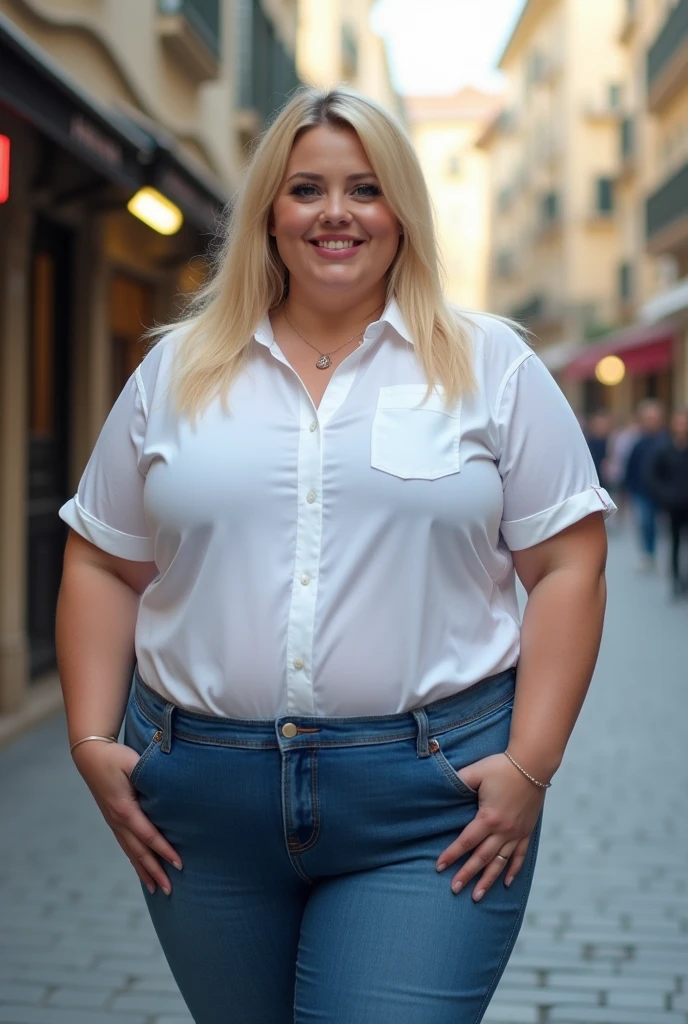 Xyrele, 1girl, solo, 30 years old, (((French face))), (((French nose))), (((French lips))), ((((chubby)))), (((wide hips))), (((blonde hair))), crinkly medium hair, wearing stylish palette trend modern wear and skirt, ((Background: Sydney Waterfront in Australia)), ((upper body and upper legs))
