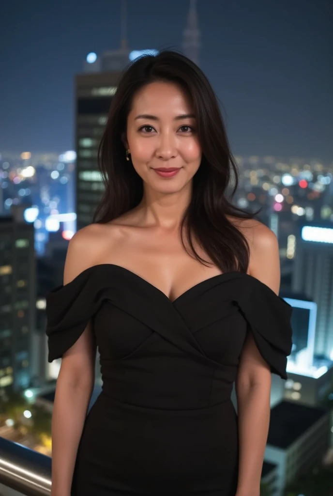 1girl, (wearing a black evening dress:1.8),(RAW photo, best quality), (realistic, photo-realistic:1.4), masterpiece, an extremely delicate and beautiful, extremely detailed, 2k wallpaper, Amazing, finely detail, extremely detailed CG unity 8k wallpaper, ultra-detailed, highres, soft light, beautiful detailed girl, extremely detailed eyes and face, beautiful detailed nose, beautiful detailed eyes,cinematic lighting,(in the city at night:2.0),(night city view:2.0),perfect anatomy,(slender body:2.0),(laughing:1.4),(close up face:2.0),(open eyes:1.4),(look at viewer),(front view:1.0),(young japanese girl:1.8),cinematic angle,(wavy long hair), (brown eyes:1.8),(standing:2.0), (cleavage:1.0), <lora:aikawafumi_lora-04:0.8>